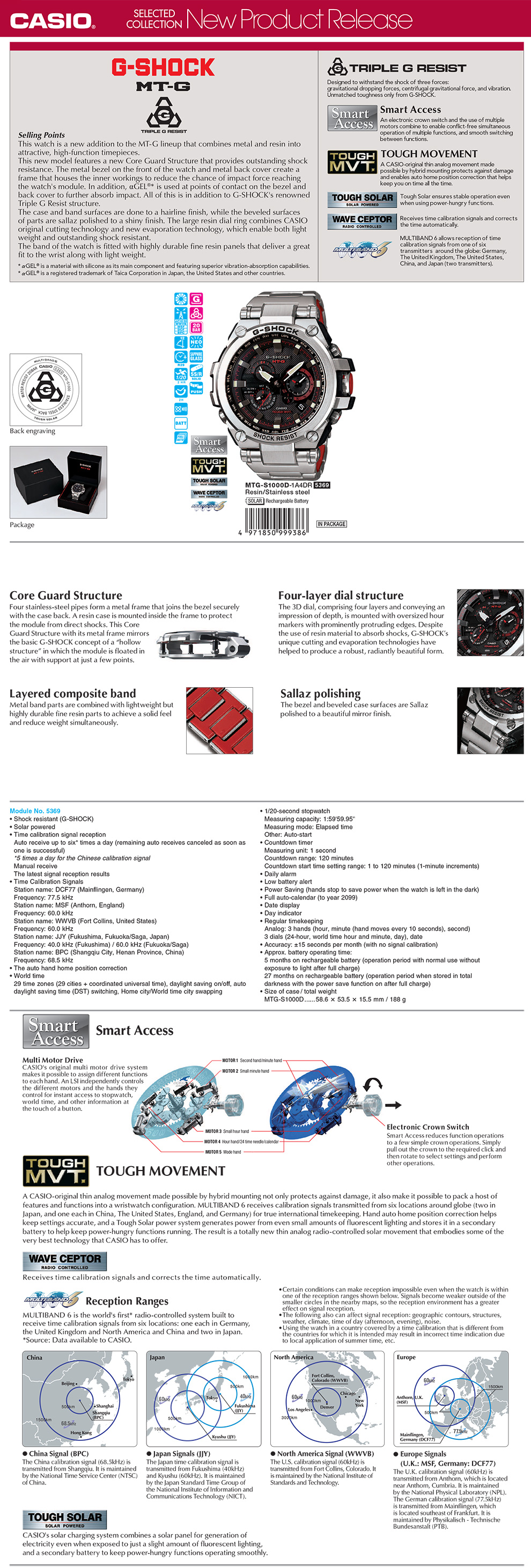 G-SHOCK, MT-G, Triple G Resist, Smart Access, Tough Solar, Wave Ceptor, Multiband6, MTG-S1000D-1A4