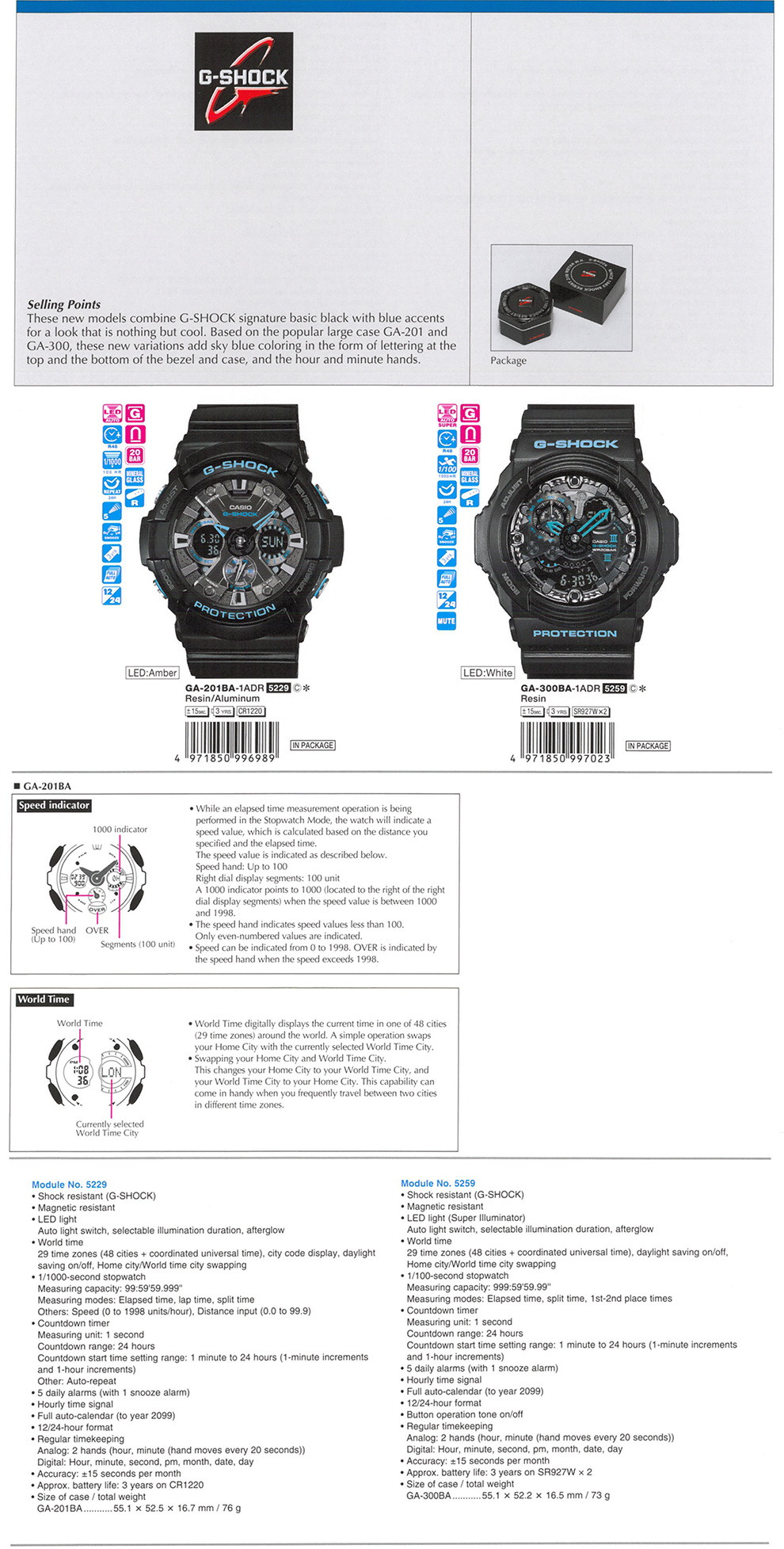 G-SHOCK, black, sky blue, large case, GA-201BA-1A, GA-300BA-1A