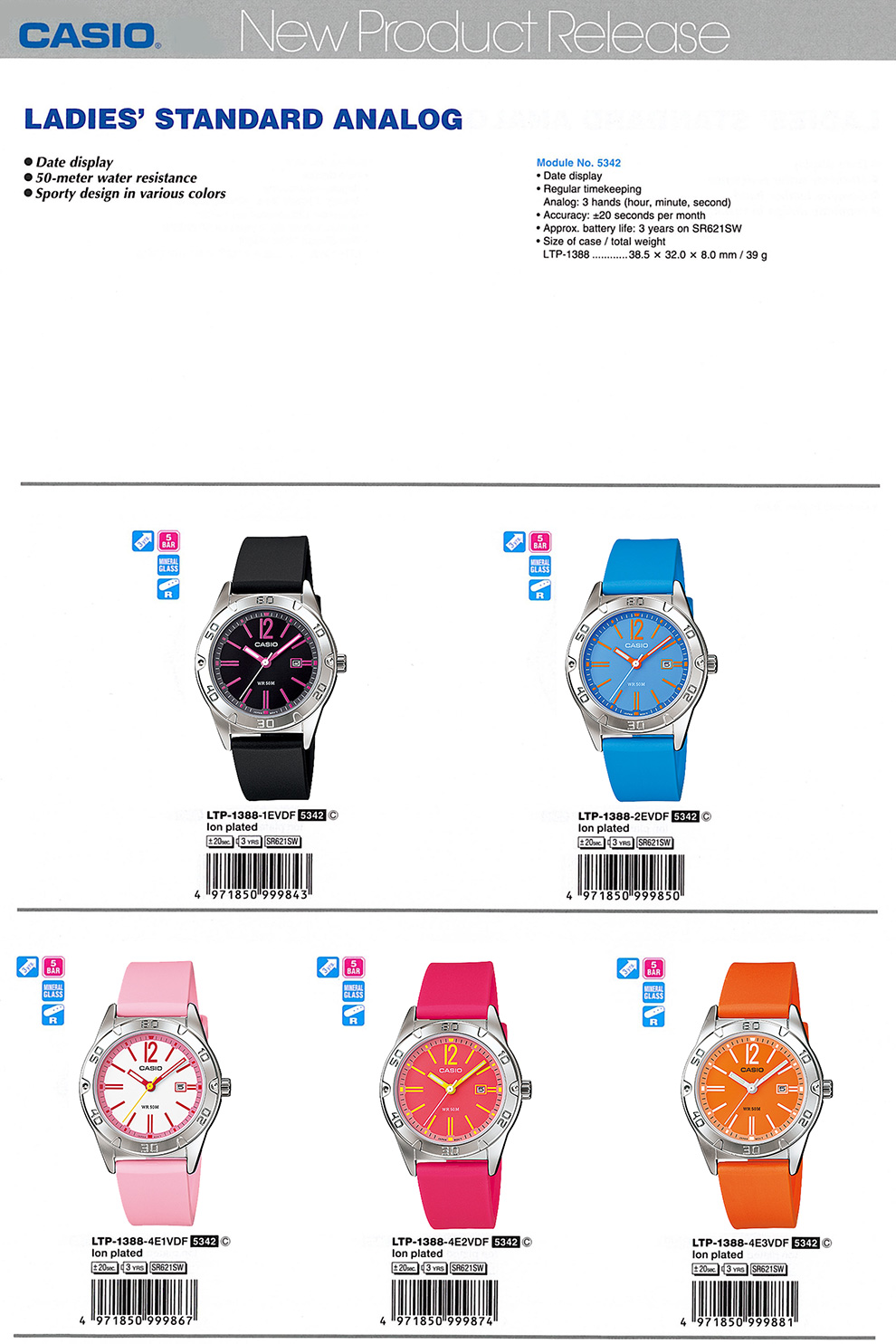 Standard Analog, Ladies, 50-meter water resistance, sporty design, LTP-1388-1EV, LTP-1388-2EV, LTP-1388-4E1V, LTP-1388-4E2V, LTP-1388-4E3V