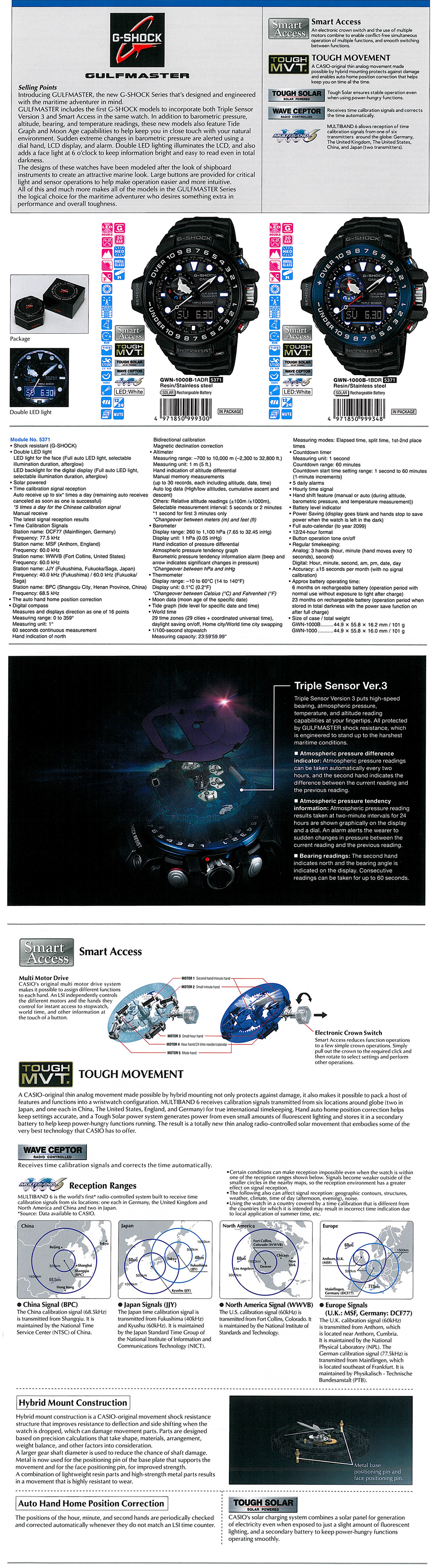 G-SHOCK, GULFMASTER, Tide Graph, Moon Age, Smart Access, Tough Solar, Wave Ceptor, Multiband6, Triple Sensor, GWN-1000B-1A, GWN-1000B-1B