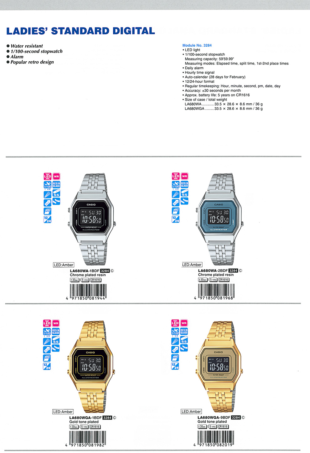Standard Digital, Ladies, water resistant, popular retro design, LA680WA-1B, LA680WA-2B,  LA680WGA-1B,  LA680WGA-9B, LA-680WA-1B, LA-680WA-2B, LA-680WGA-1B, LA-680WGA-9B