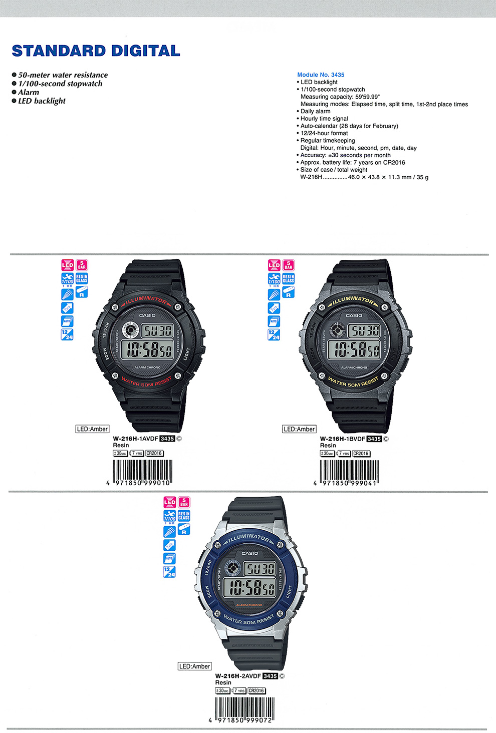 Standard Digital, 50-meter water resistance, alarm, LED backlight, W-216H-1AV, W-216H-1BV, W-216H-2AV