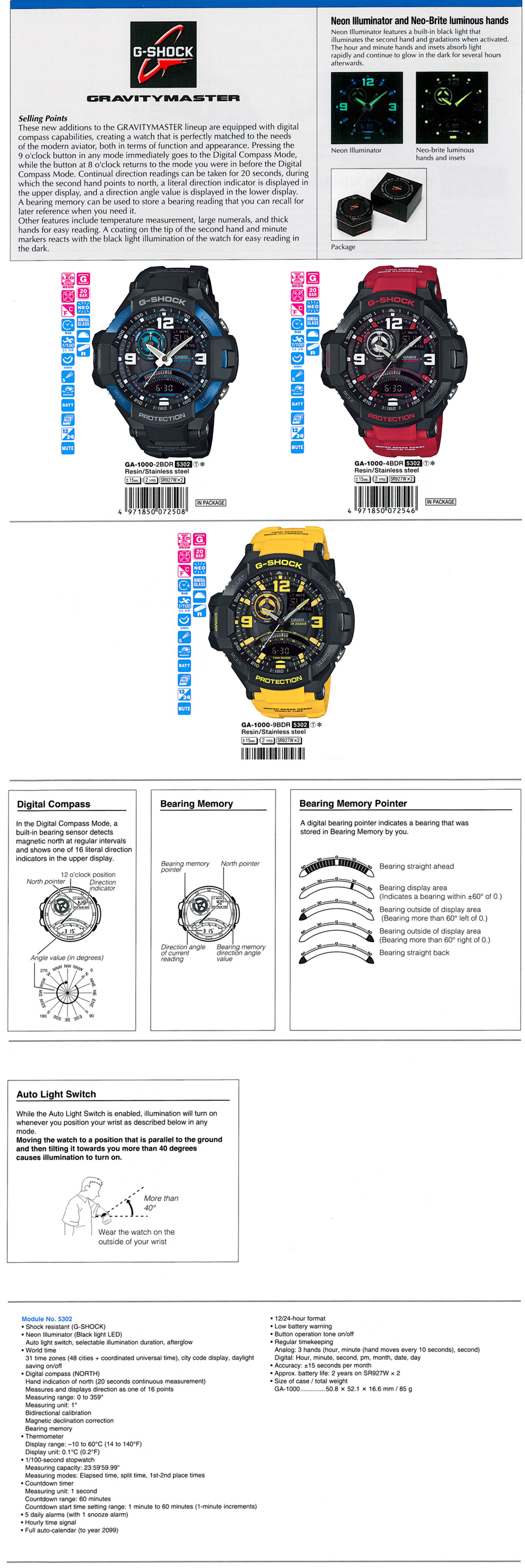 G-Shock, GRAVITYMASTER, Neon Illuminator, compass, GA-1000-2B, GA-1000-4B, GA-1000-9B