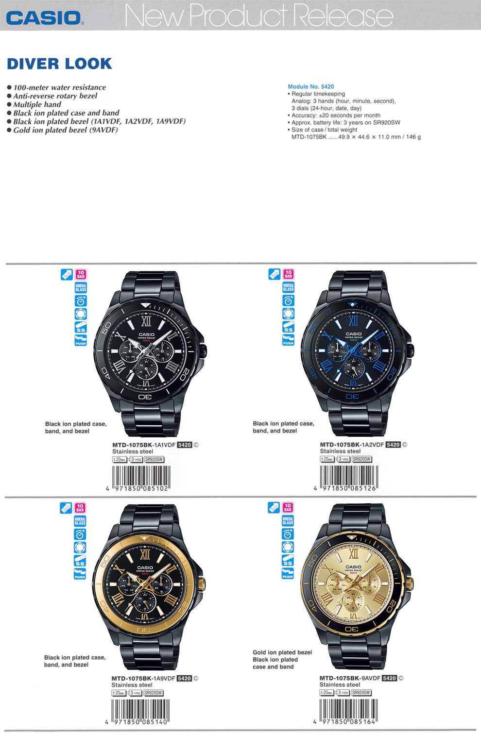 Standard Analog, Diver Look, 100-meter water resistance, anti-reverse rotary bezel, ion-plated, MTD-1075BK-1A1V, MTD-1075BK-1A2V, MTD-1075BK-1A9V, MTD-1075BK-9AV