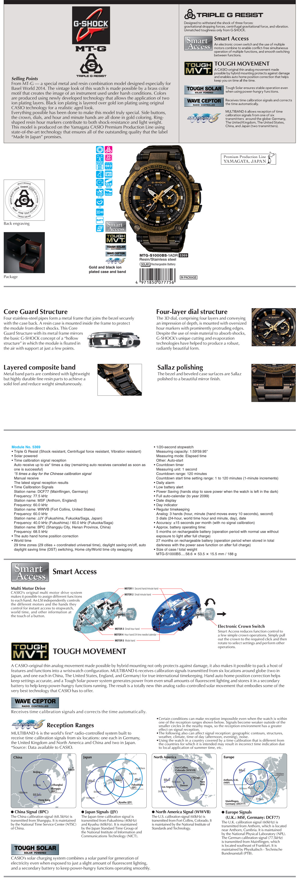 G-Shock, MT-G, Smart Access, Tough Movement, Wave Ceptor, Multiband6, MTG-S1000BS-1A