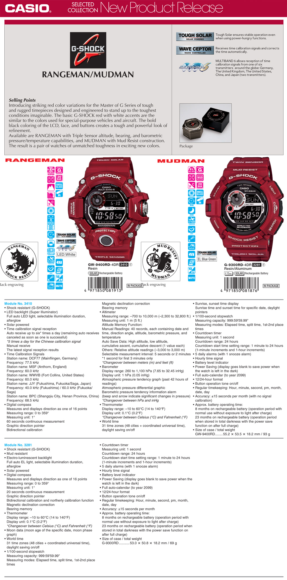 G-Shock, Rangeman, Mudman, Tough solar, wave ceptor, multiband6, GW-9400RD-4, G-9300RD-4