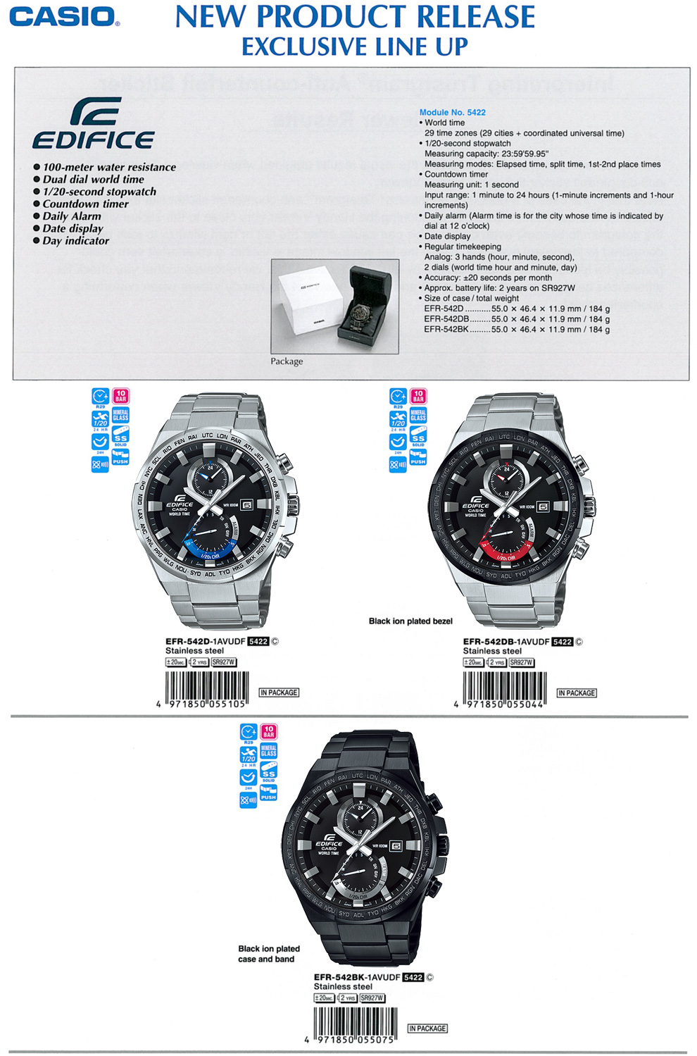 Edifice, 100-METER WATER RESISTANCE, DUAL DIAL WORLD TIME, EFR-542D-1AV, EFR-542DB-1AV, EFR-542BK-1AV