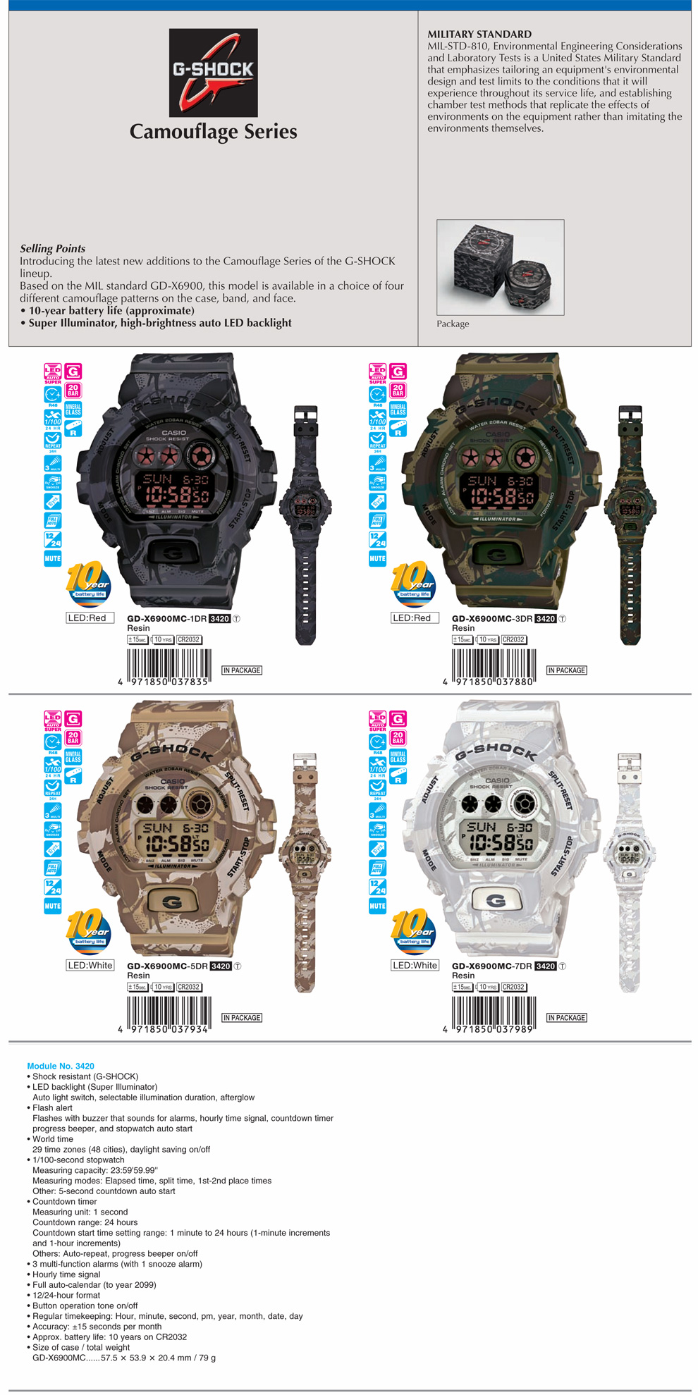 G-SHOCK, Camouflage Series, 10-year battery life, super illuminator, GD-X6900MC-1, GD-X6900MC-3, GD-X6900MC-5, GD-X6900MC-7