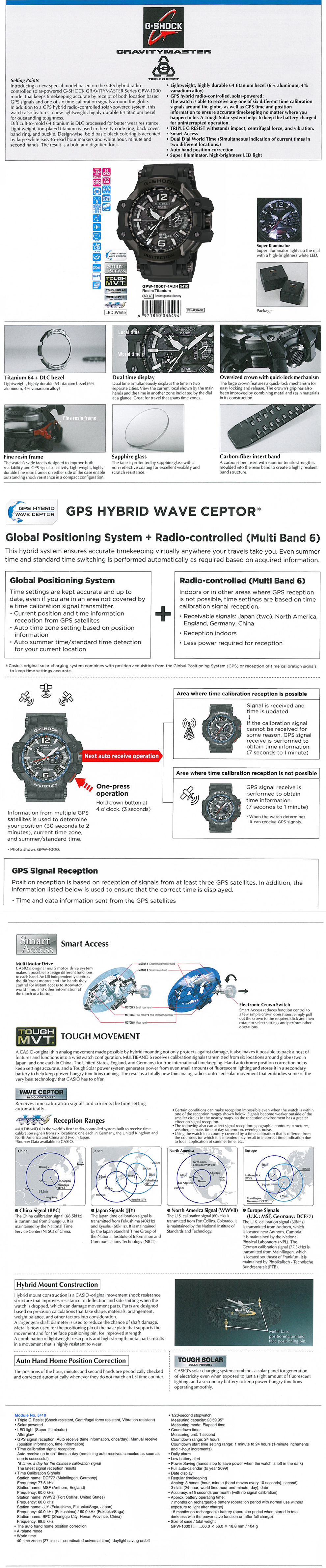 G-SHOCK, GPS hybrid Wave Ceptor, GRAVITYMASTER, multiband6, tough solar, smart access, super illuminator, dual dial world time, triple G Resist, GPW-1000T-1A