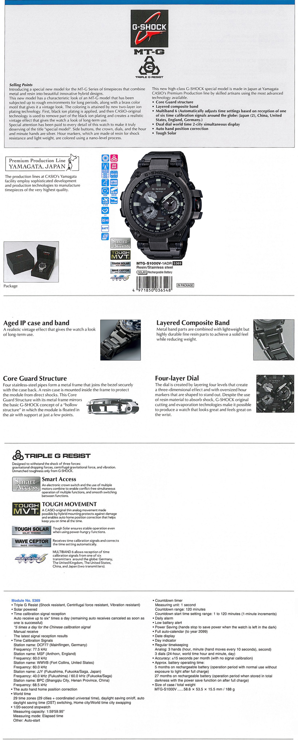 G-SHOCK, Yamagata, multiband6, tough solar, Triple G Resist, Core Guard structure, MTG-S1000V-1A