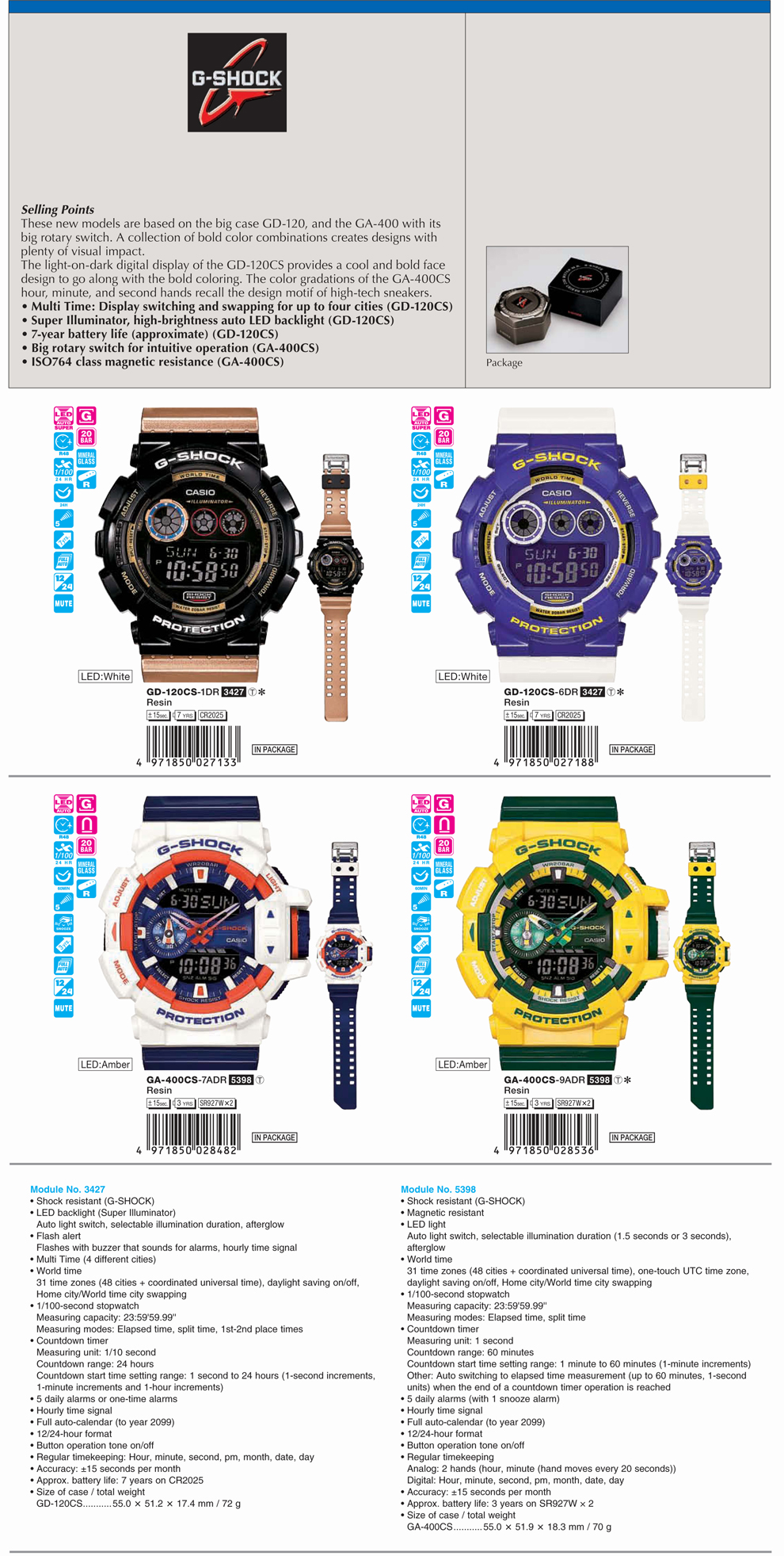 G-SHOCK, Multi-time, super illuminator, ISO764, magnetic resistance, GD-120CS-1, GD-120CS-6, GA-400CS-7A, GA-400CS-9A