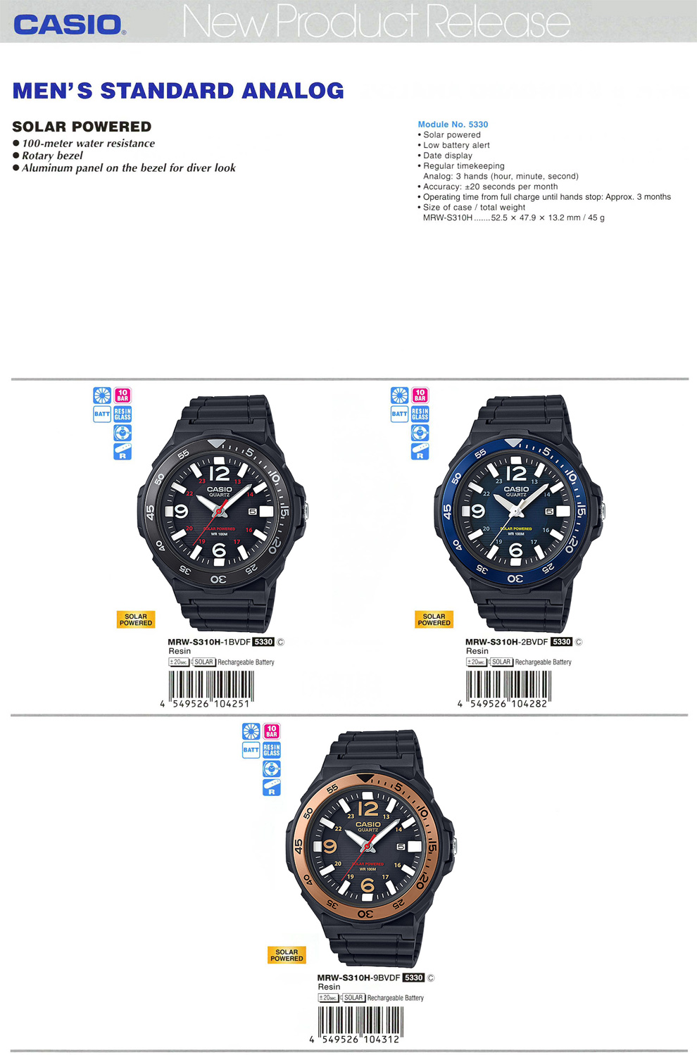 Standard Analog, MEN, Solar powered, 100M ater resistance, Rotary bezel, Aluminum panel, diver look, MRW-S310H-1BV, MRW-S310H-2BV, MRW-S310H-9BV