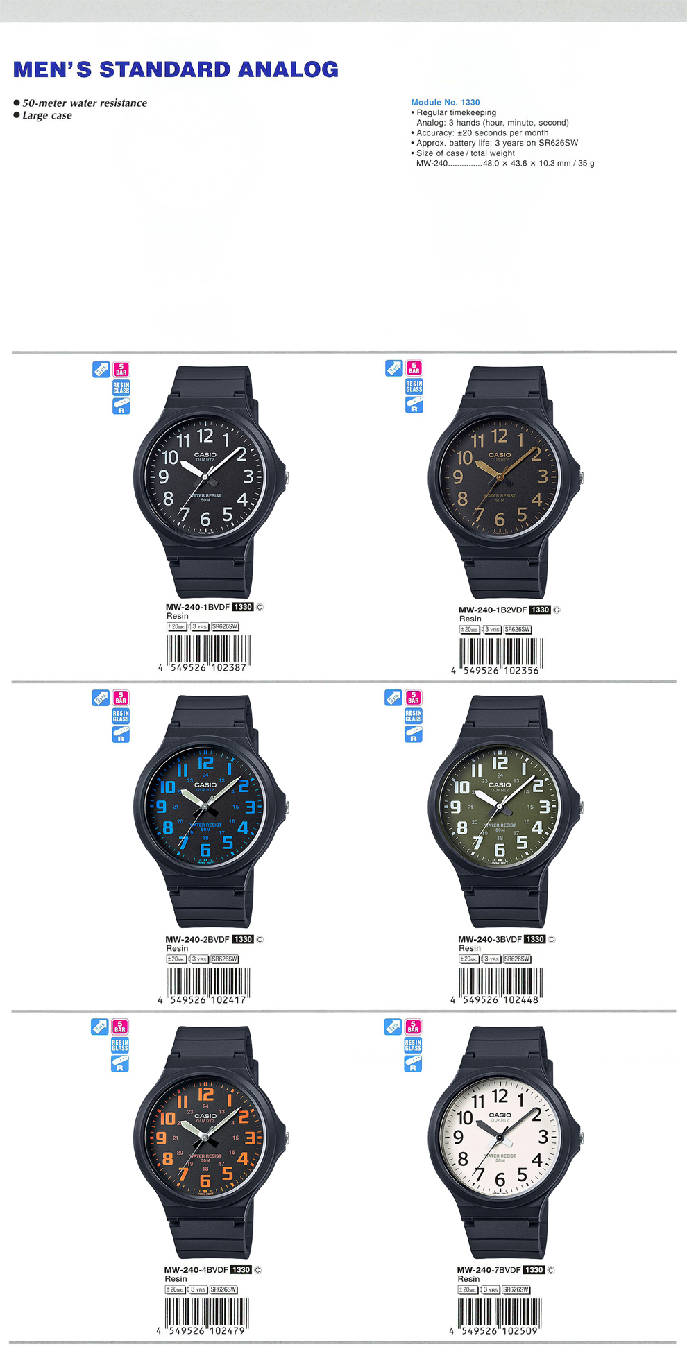 Standard Analog, Large case, Men, 50M water resistance, MW-240-1BV, MW-240-1B2V, MW-240-2BV, MW-240-3BV, MW-240-4BV, MW-240-7BV