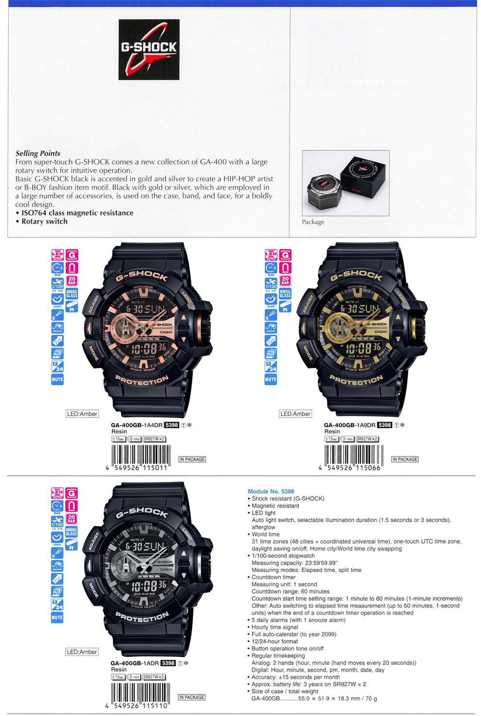 G-SHOCK, ISO764 class, magnetic resistance, Rotary switch, GA-400GB-1A4, GA-400GB-1A9, GA-400GB-1A