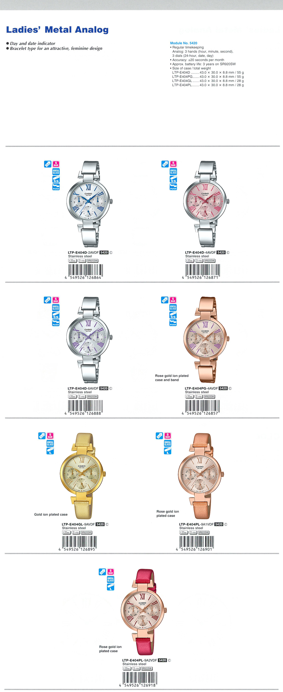 Standard analog, Ladies, Metal, day and date indicator, bracelet, attractive, feminine design, LTP-E404D-2AV, LTP-E404D-4AV, LTP-E404D-6AV, LTP-E404PG-4AV, LTP-E404GL-9AV, LTP-E404PL-9A1V, LTP-E404PL-9A2V