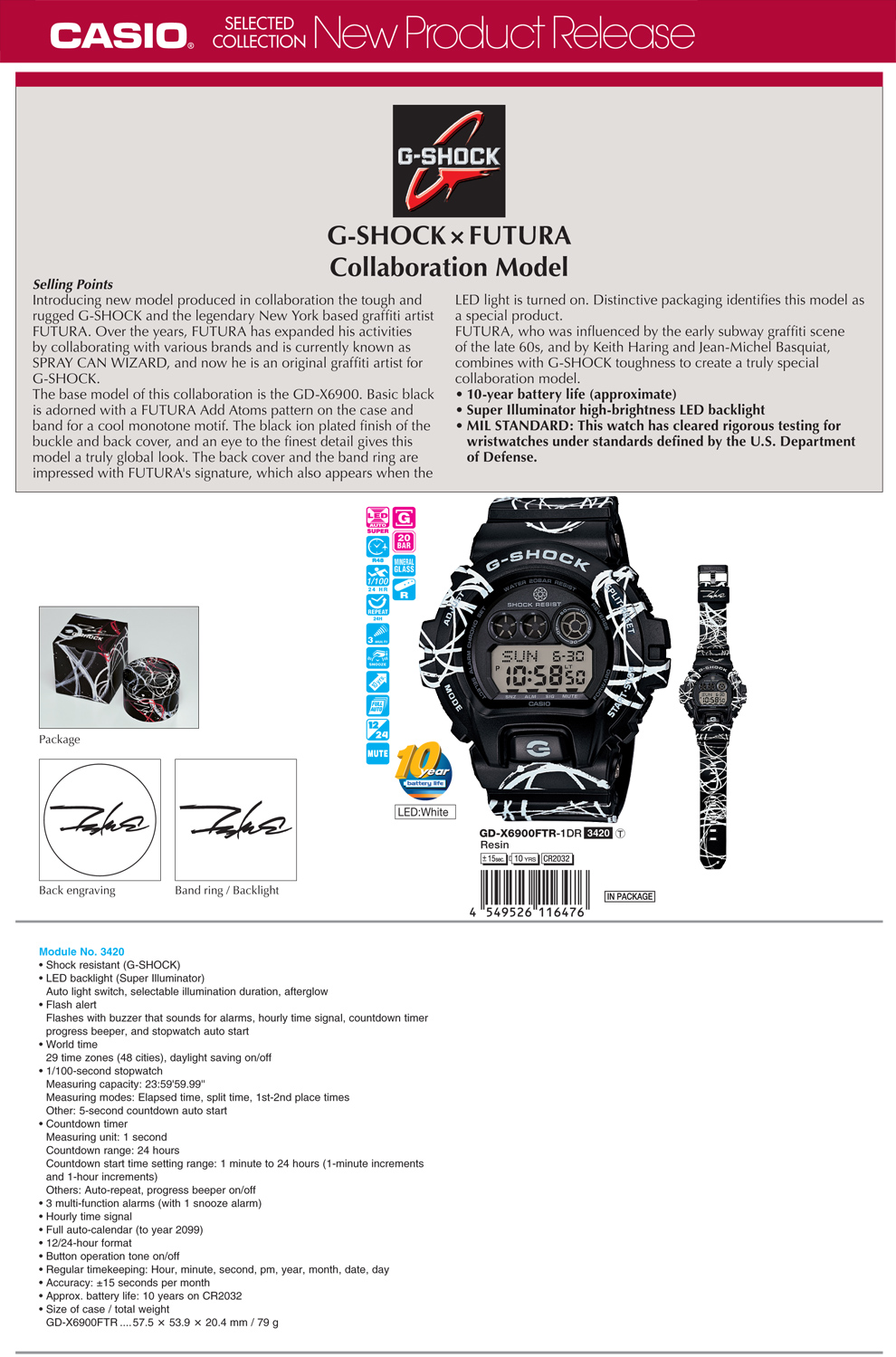 G-SHOCK, FUTURA, collaboration model, 10-year battery life, super illuminator, MIL STANDARD, GD-X6900FTR-1