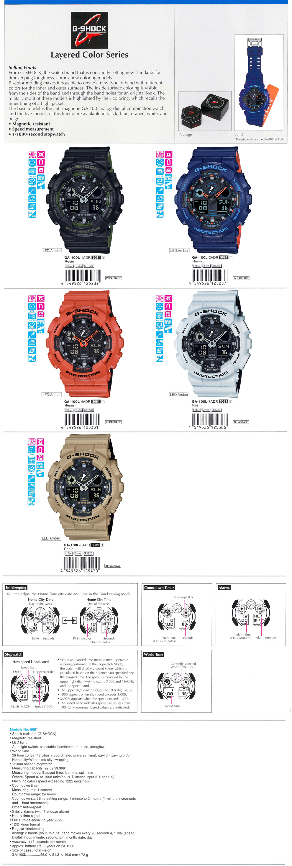 G-SHOCK, Layered Color Series, Bi-color band, Magnetic resistant, speed measurement, 1/1000-second stopwatch, GA-100L-1A, GA-100L-2A, GA-100L-4A, GA-100L-7A, GA-100L-8A