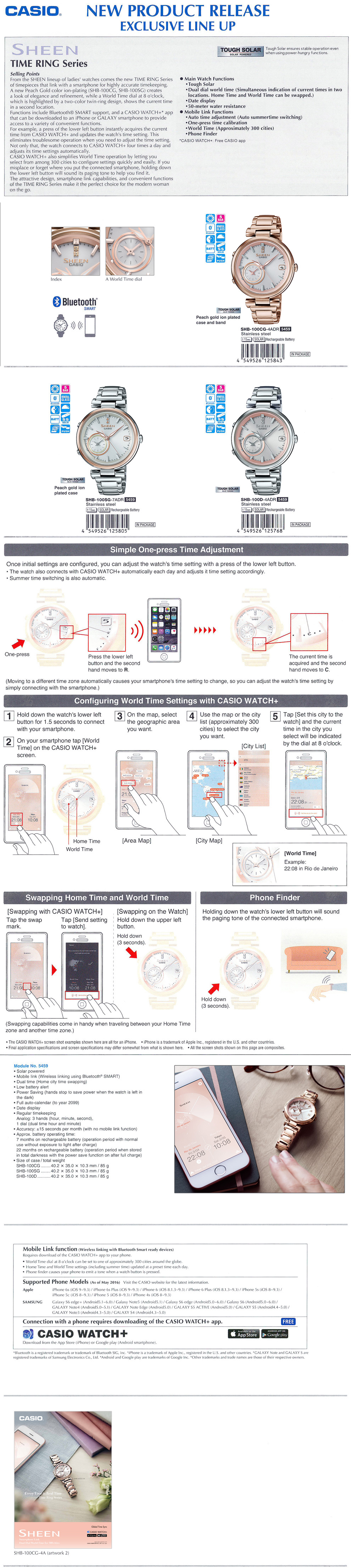 SHEEN, TIME RING series, Bluetooth Smart, Mobile Link Funtion, Swarovski Crystal, Tough Solar, Dual dial world time, 50M water resistance, CASIO WATCHT+ App, SHB-100CG-4A, SHB-100SG-7A, SHB-100D-4A