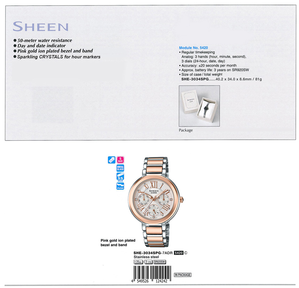 SHEEN, Swarovski Elements, 50M water resistant, Day and date indicator, Pink gold ion plate bezel and band, SHE-3034SPG-7A