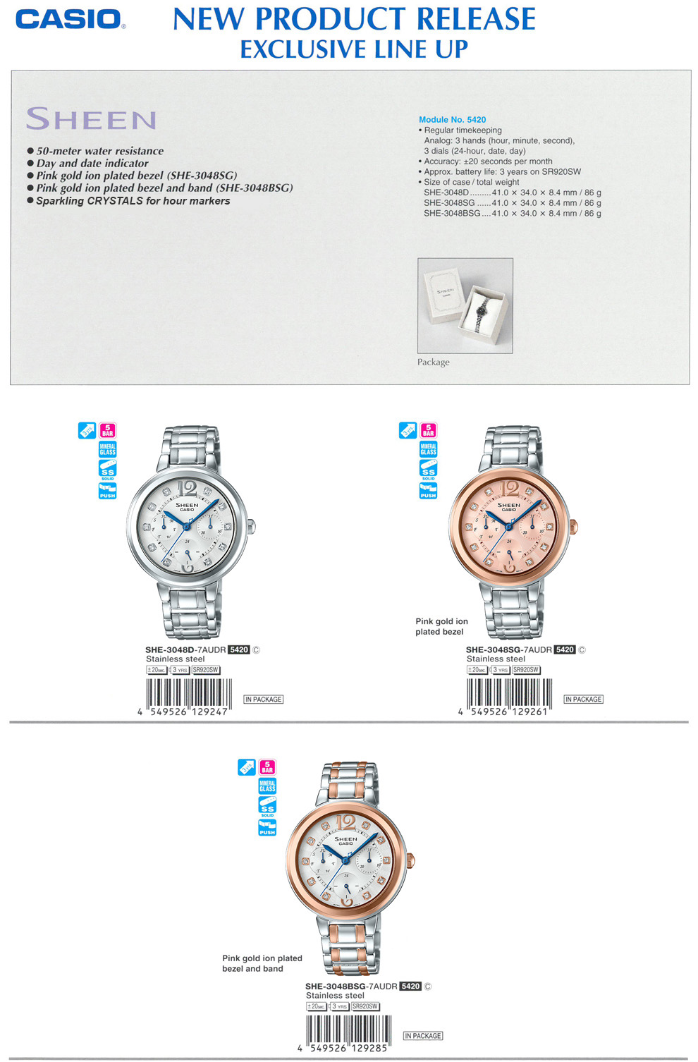 SHEEN, Swarovski Crystal, Pink gold ion-plated bezel, day, date indicator 50M water resistance, SHE-3048D-7A, SHE-3048SG-7A, SHE-3048BSG-7A