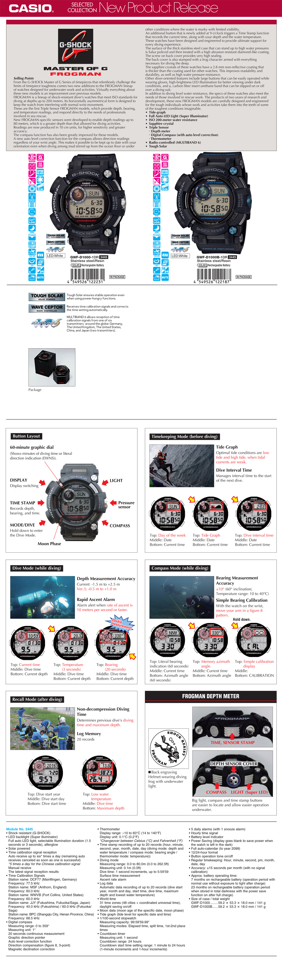 G-SHOCK, FROGMAN, MasterofG, Tide-graph, ISO 200-meter water resistance, sapphire crystal, triple sensor, Wave Ceptor, Tough Solar, GWF-D1000-1, GWF-D1000B-1