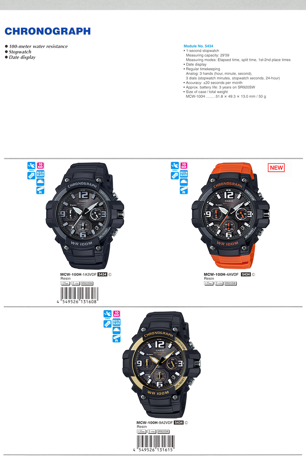 Standard Analog, Chronograph, 100M water resistance, stopwatch, date display, MCW-100H-1A3V, MCW-100H-9A2V
