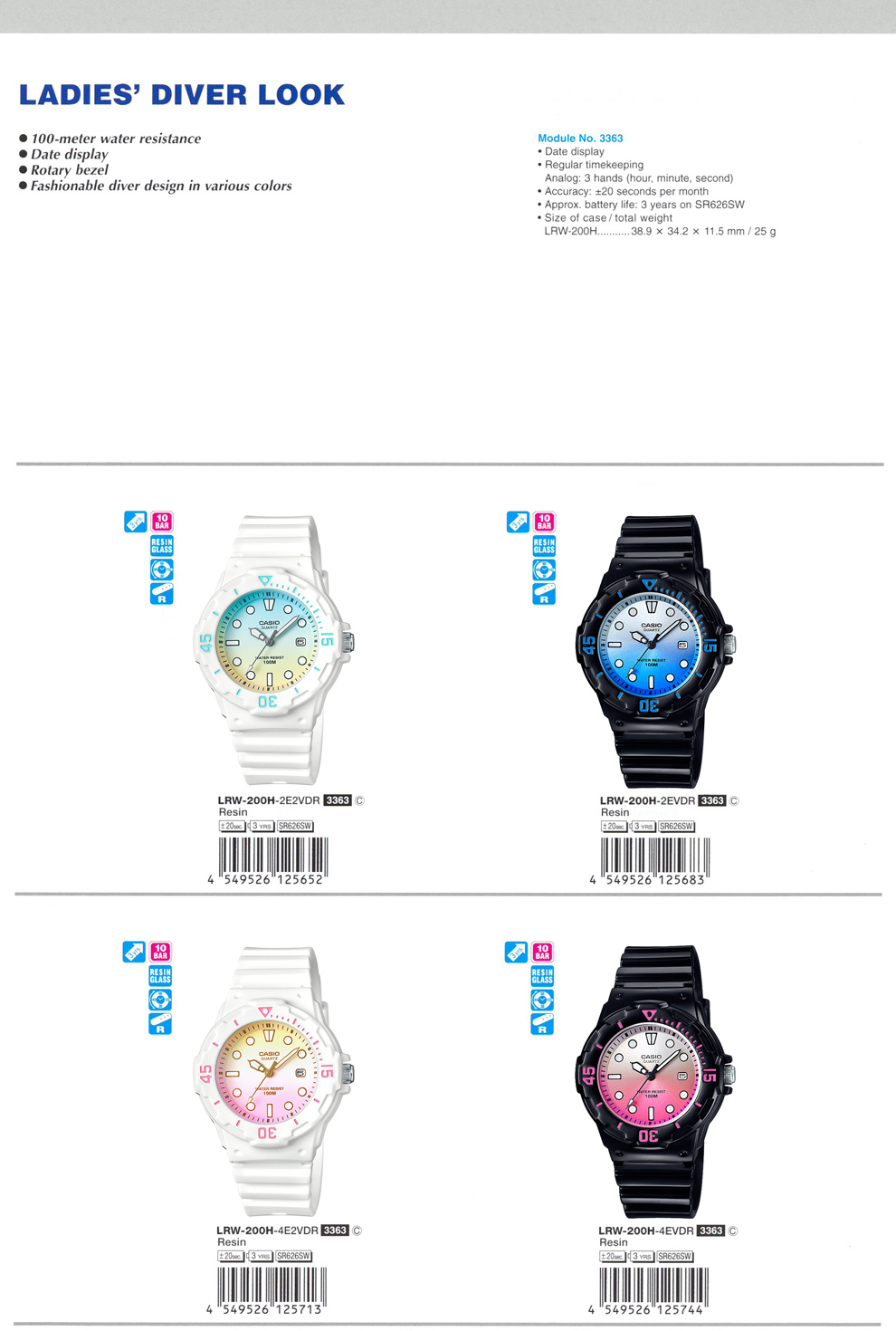 Standard Analog, LADIES, Diver look, 100M water resistance, date diaply, rotary bezel, LRW-200H-2E2V, LRW-200H-2EV, LRW-200H-4E2V, LRW-200H-4EV