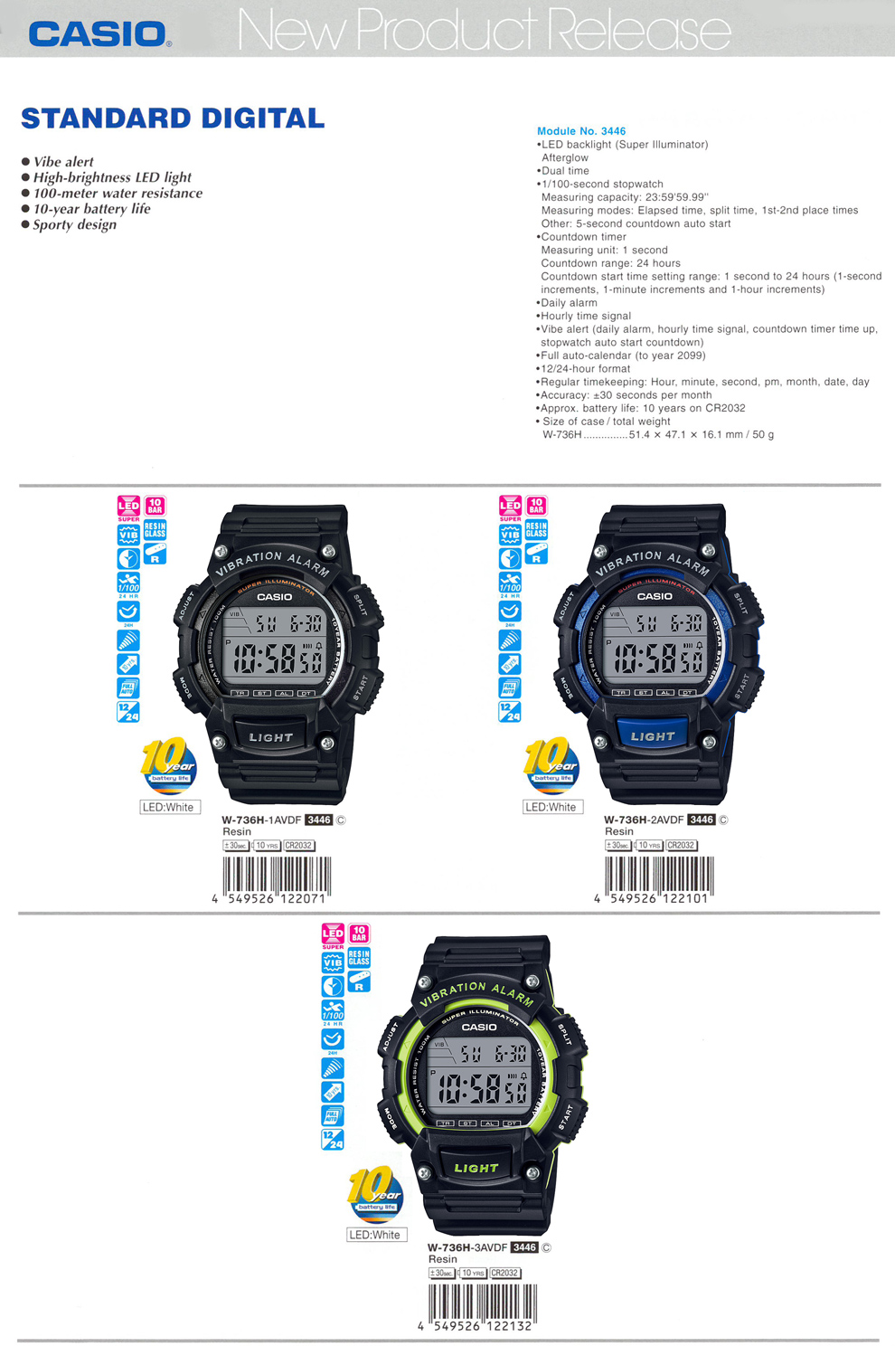 Standard Digital, Vibe alert, high-brightneww LED light, 100M water resistance, 10-year battery life, Sporty design, W-736H-1AV, W-736H-2AV, W-736H-3AV