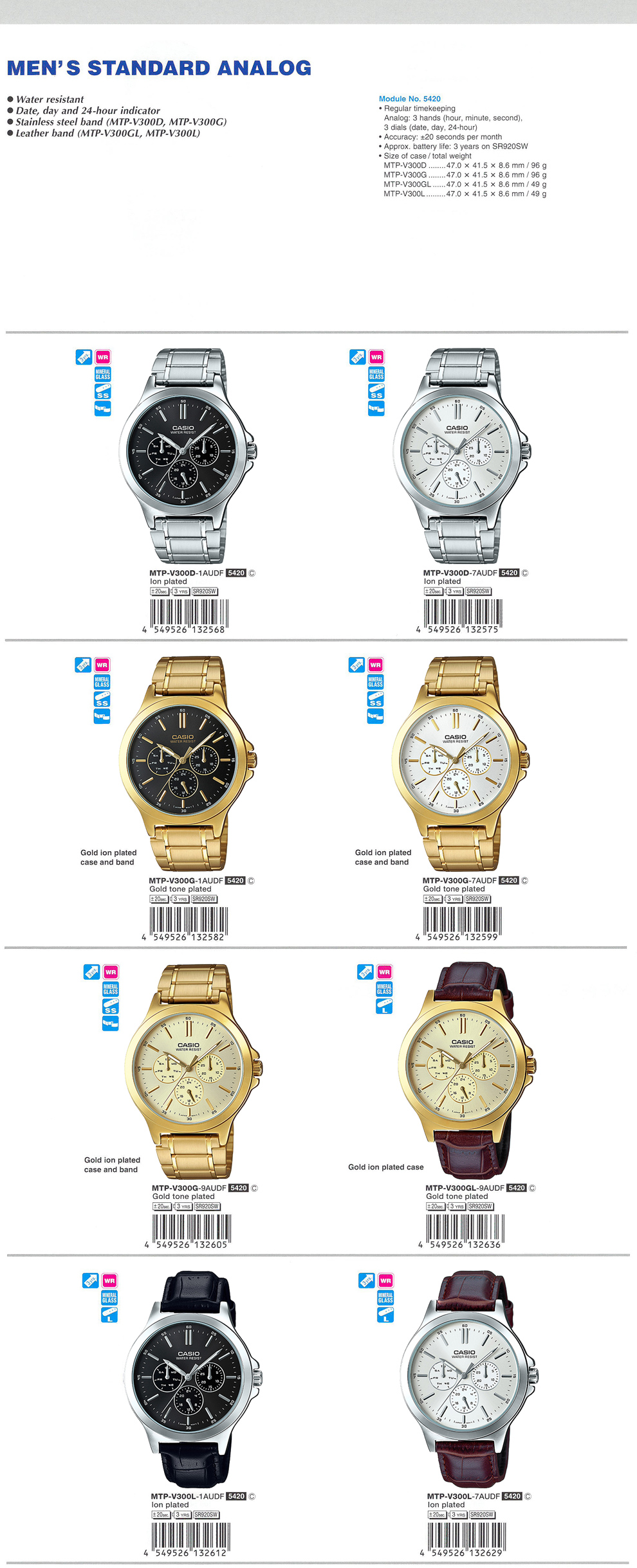 Standard analog, Men's water resistant, date, day, 24-hour indicator, MTP-V300D-1A, MTP-V300D-7A, MTP-V300G-1A, MTP-V300G-7A, MTP-V300G-9A, MTP-V300GL-9A, MTP-V300L-1A, MTP-V300L-7A