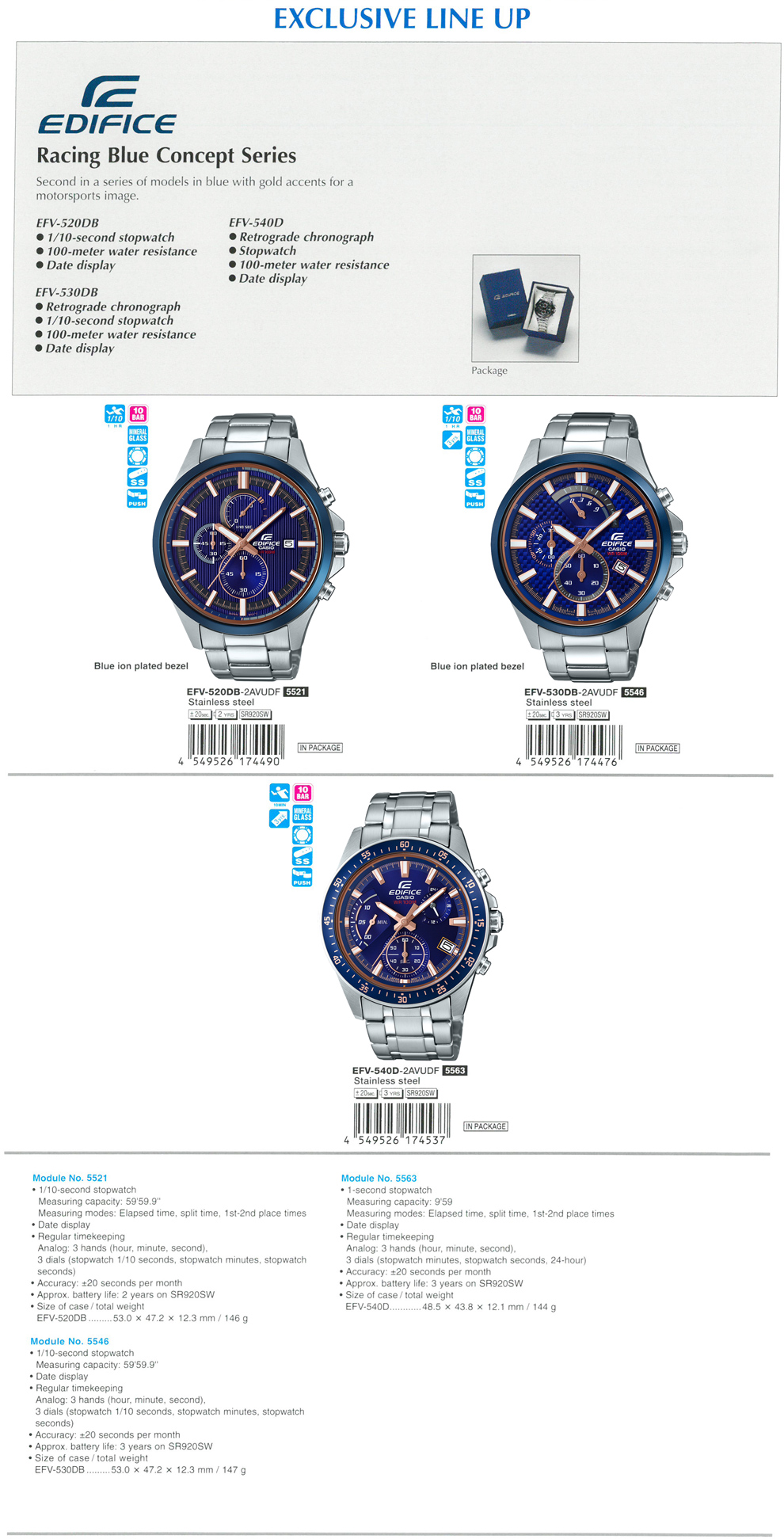 EDIFICE, Racing Blue Concept Series, motorsports, Retrograde chronograph, Blue ion-plated bezel, EFV-520DB-2AV, EFV-530DB-3AV, EFV-540D-2AV