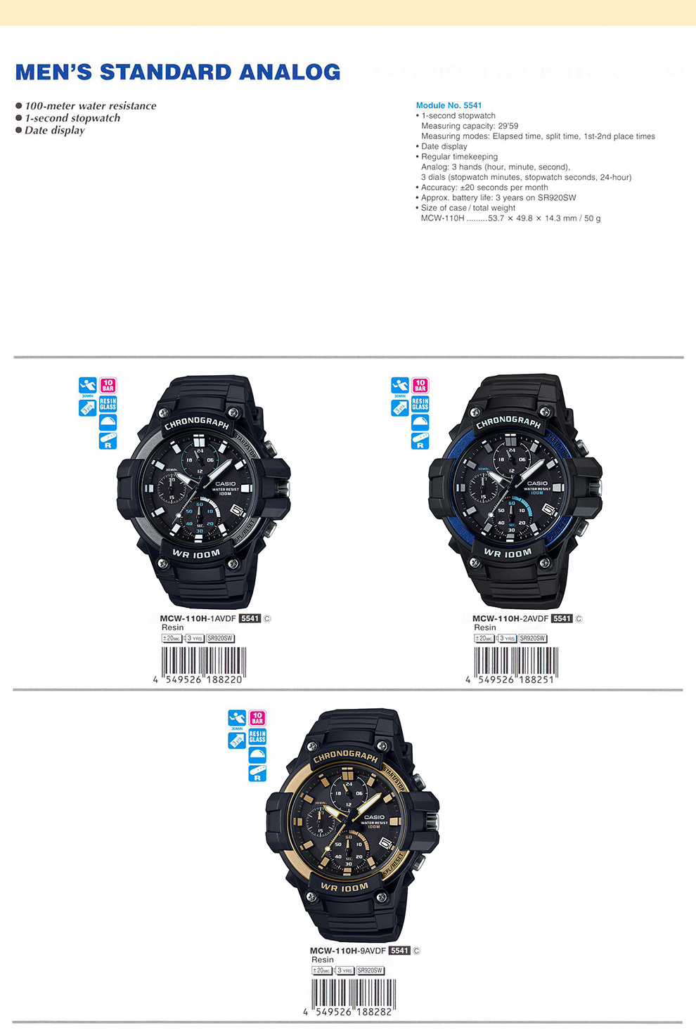 Standard Analog, Men, 100-meter water resistance, 1-second stopwatch, date display, MCW-110H-1AV, MCW-110H-2AV, MCW-110H-9AV