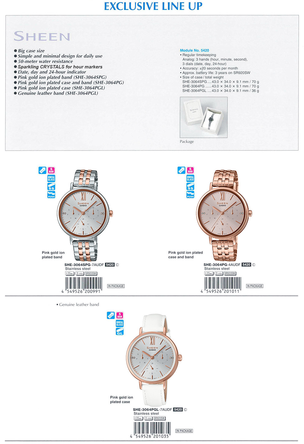 SHEEN, Swarovski Crystal, Big Case, Pink gold ion-plated, SHE-3064SPG-7A, SHE-3064PG-4A, SHE-3064PGL-7A