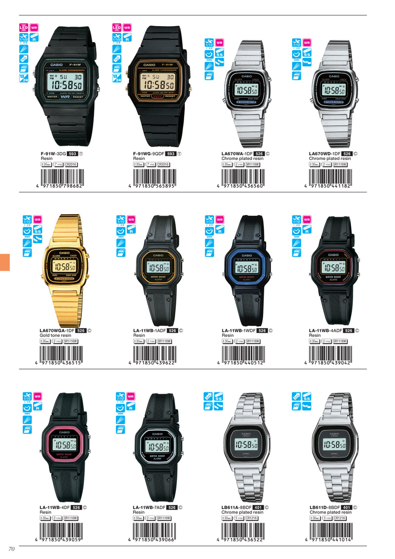 Watch, Standard Digital, F-91W-3, F-91WG-9, LA670WA-1, LA670WD-1, LA670WGA-1, LA-11WB-1A, LA-11WB-1W, LA-11WB-4A, LA-11WB-4, LA-11WB-7A, LB611A-8B, LB611D-8B
