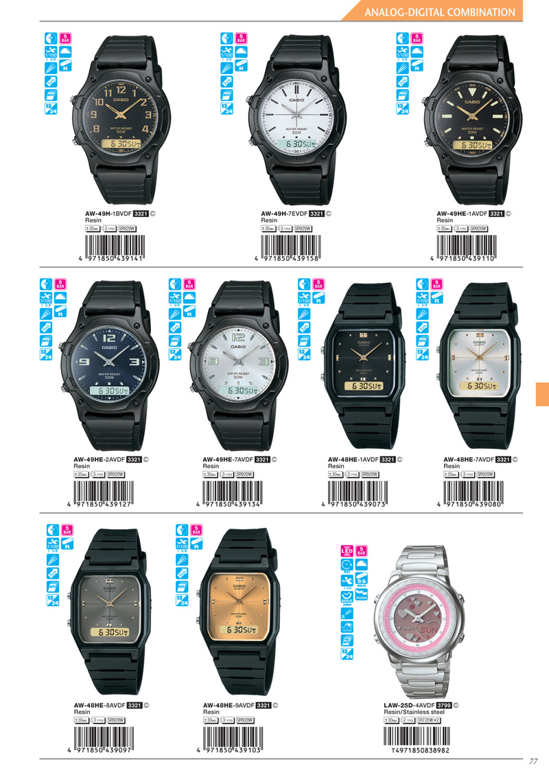 Watch, Analog-Digital, AW-49H-1BV, AW-49H-7EV, AW-49HE-1AV, AW-49HE-2A, AW-49HE-7AV, AW-48HE-1AV, AW-48HE-7AV, AW-48-8AV, AW-48HE-9A, LAW-250-4AV