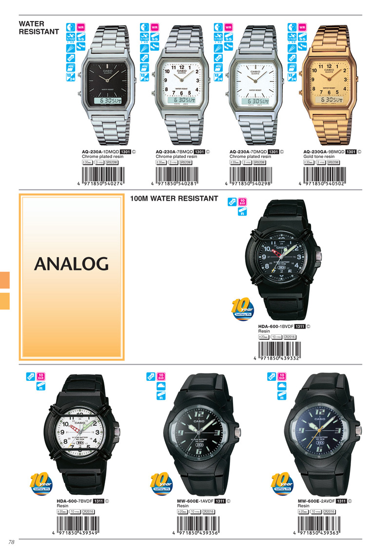 Watch, Analog-Digital, AQ-230-1D, AQ-230-7B, AQ-230-7D, AQ-230G-9B, AQ-230A-1DM, AQ-230A-7BM, AQ-230A-7DM, AQ-230GA-9BM, HDA-600-1BV, HDA-600-7BV, MW-600E-1A