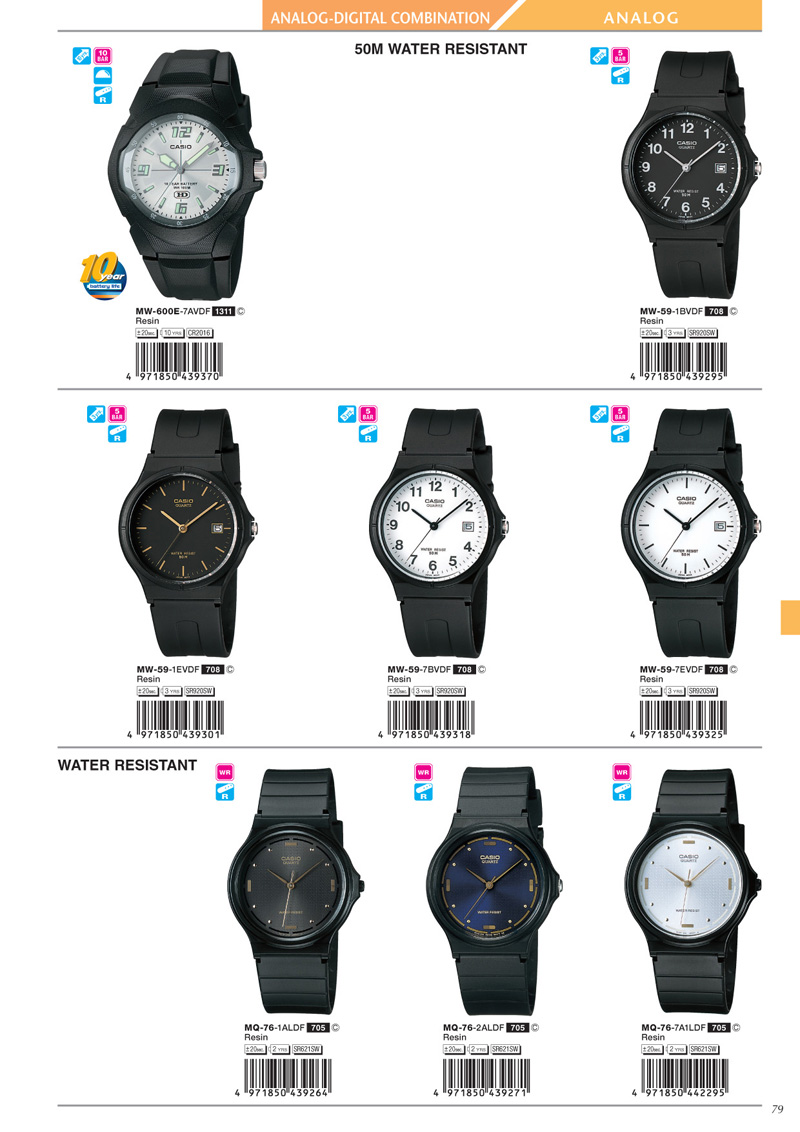 Watch, Standard Analog, MW-600E-7AV, MW-59-1BV, MW-59-1EV, MW-59-7BV, MW-59-7EV, MQ-76-1AL, MQ-76-2AL, MQ-76-7A1L