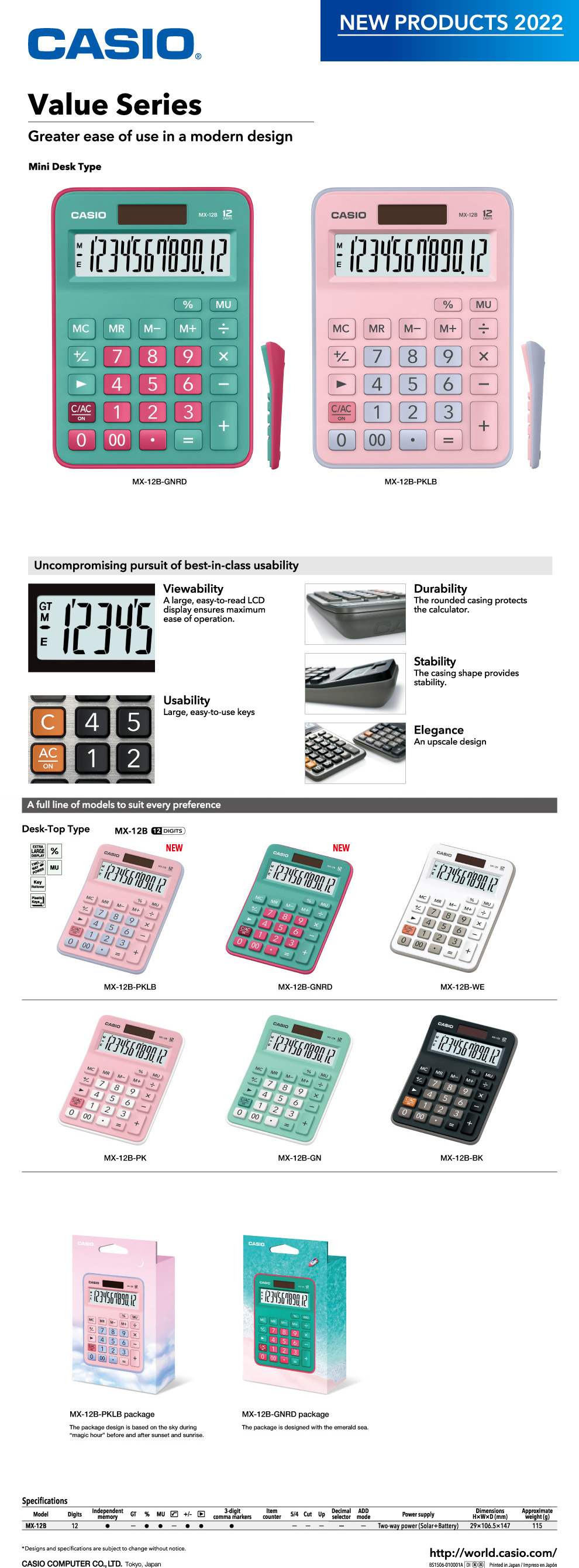 Practical Calculators, Mini Desk Type, 12digits, special-package, magic-hour, emerald-sea, MX-12B-PKLB, MX-12B-GNRD, MX-12B-WE, MX-12B-PK, MX-12B-GN, MX-12B-BK